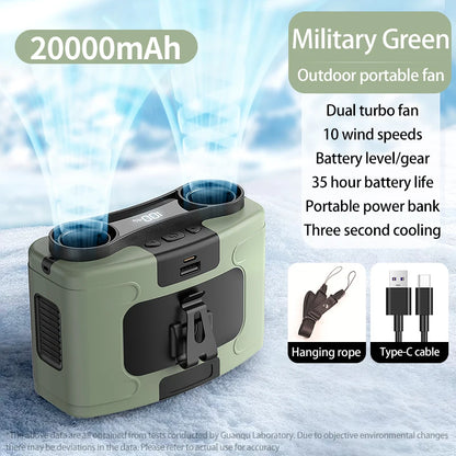 Portable Waist Fan | Hanging Neck Fan | 5-Speed | LED Light | 10000/20000mAh | Sports & Outdoor