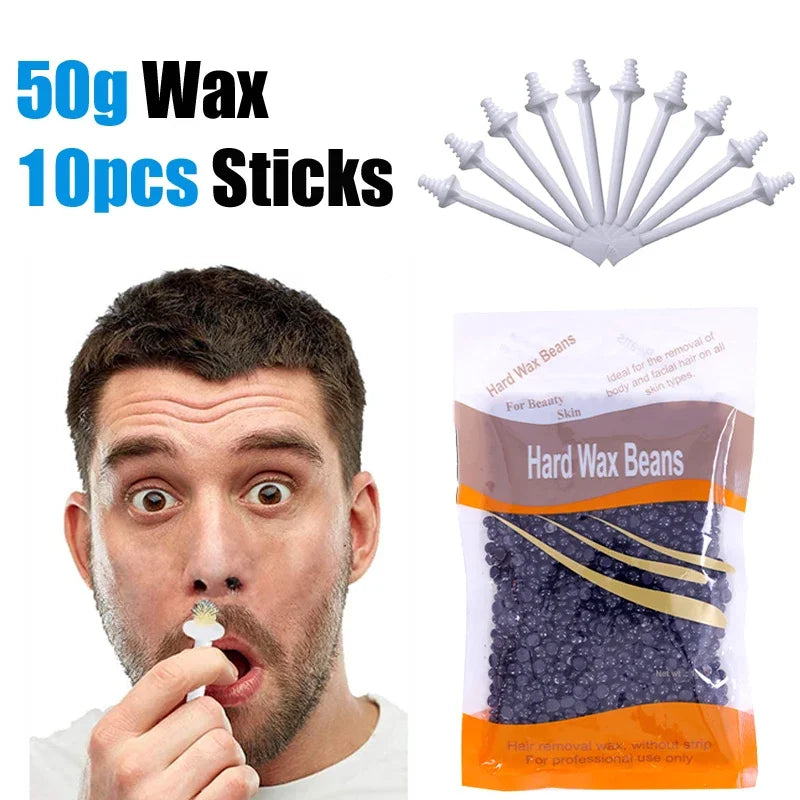 Hard wax beans for hair removal in 500g, 200g, and 50g sizes by R.E.D. Shopping, shown in a professional waxing setup.