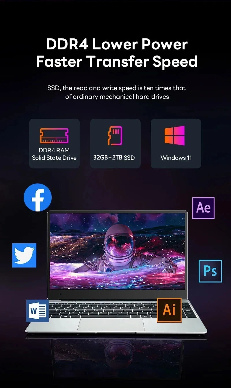 14.1" Portable Laptop Windows 11 — Intel Core i7 8650U, 32GB RAM, 2TB, 1080P Gaming Notebook