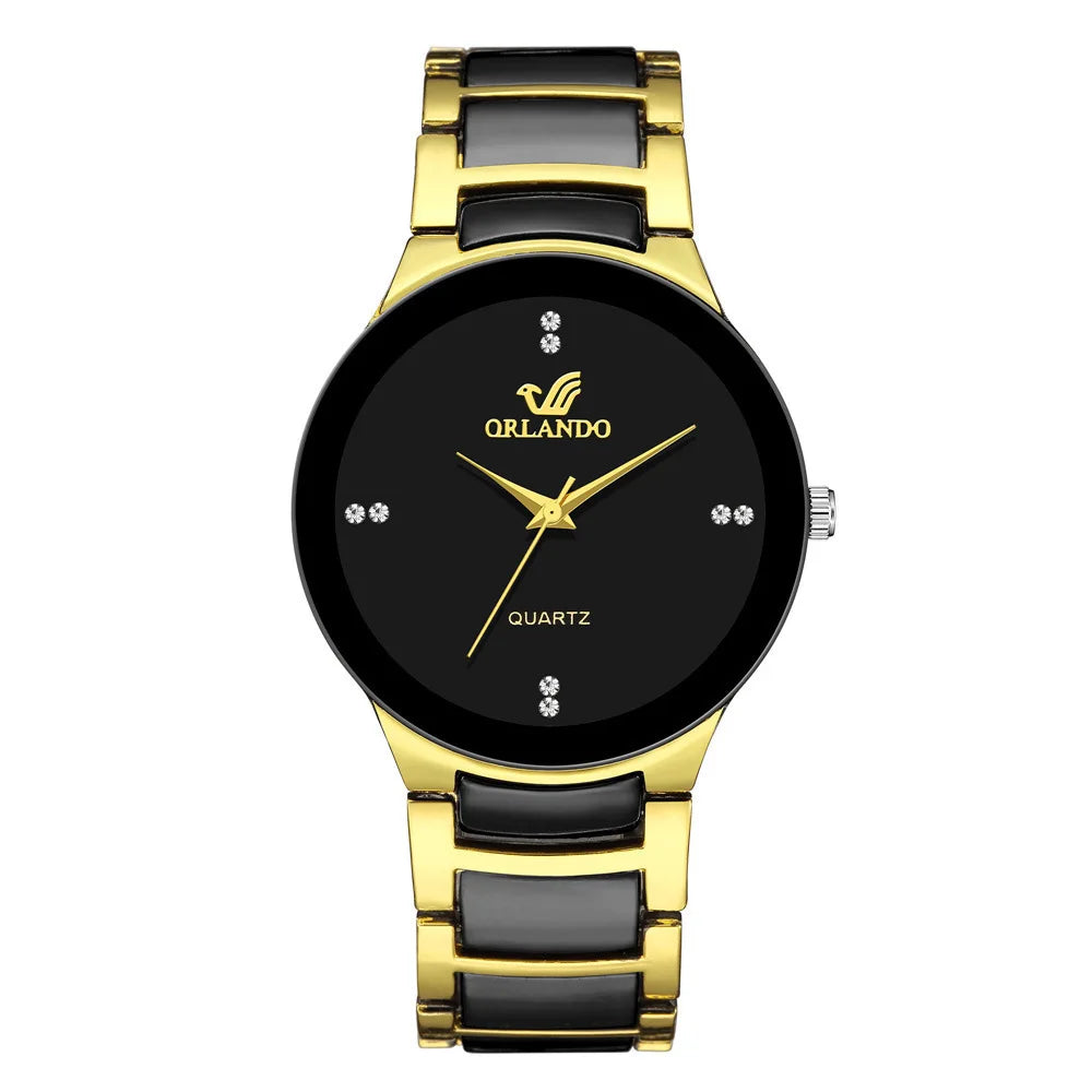 Men's black dial steel quartz business watch with minimalist design, featuring a sleek black face and silver-tone case.