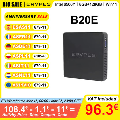 ERVPES B20E Mini PC – 8GB RAM 128GB SSD | Intel 6500Y | Windows 11 | WiFi BT5.2 HDMI