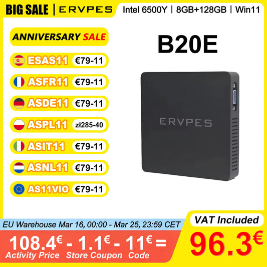 ERVPES B20E Mini PC – 8GB RAM 128GB SSD | Intel 6500Y | Windows 11 | WiFi BT5.2 HDMI