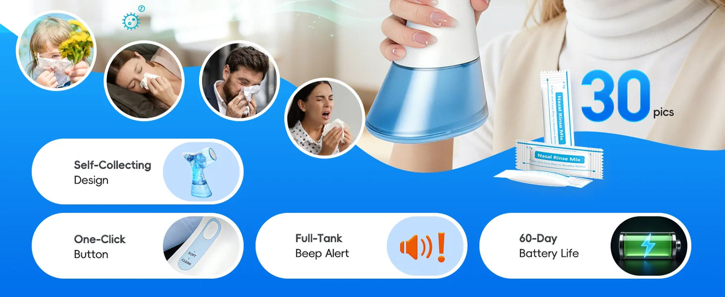 Self-Cleaning Nasal Irrigator & Water Flosser Combo | 30 Sinus Salt Packets | Auto Waste Collection