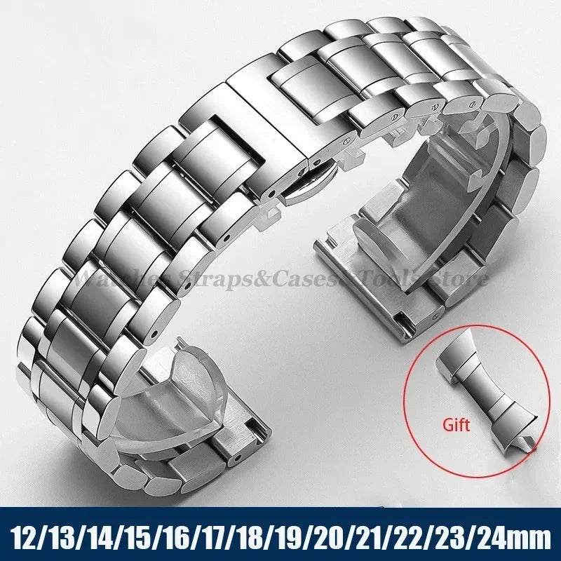 Curved End Solid Stainless Steel Watch Strap – Universal 12–24mm with Butterfly Clasp