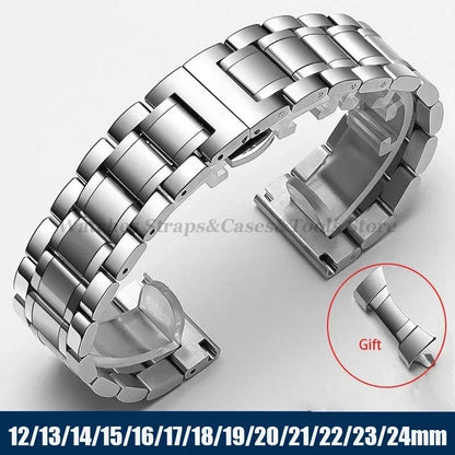 Curved End Solid Stainless Steel Watch Strap – Universal 12–24mm with Butterfly Clasp