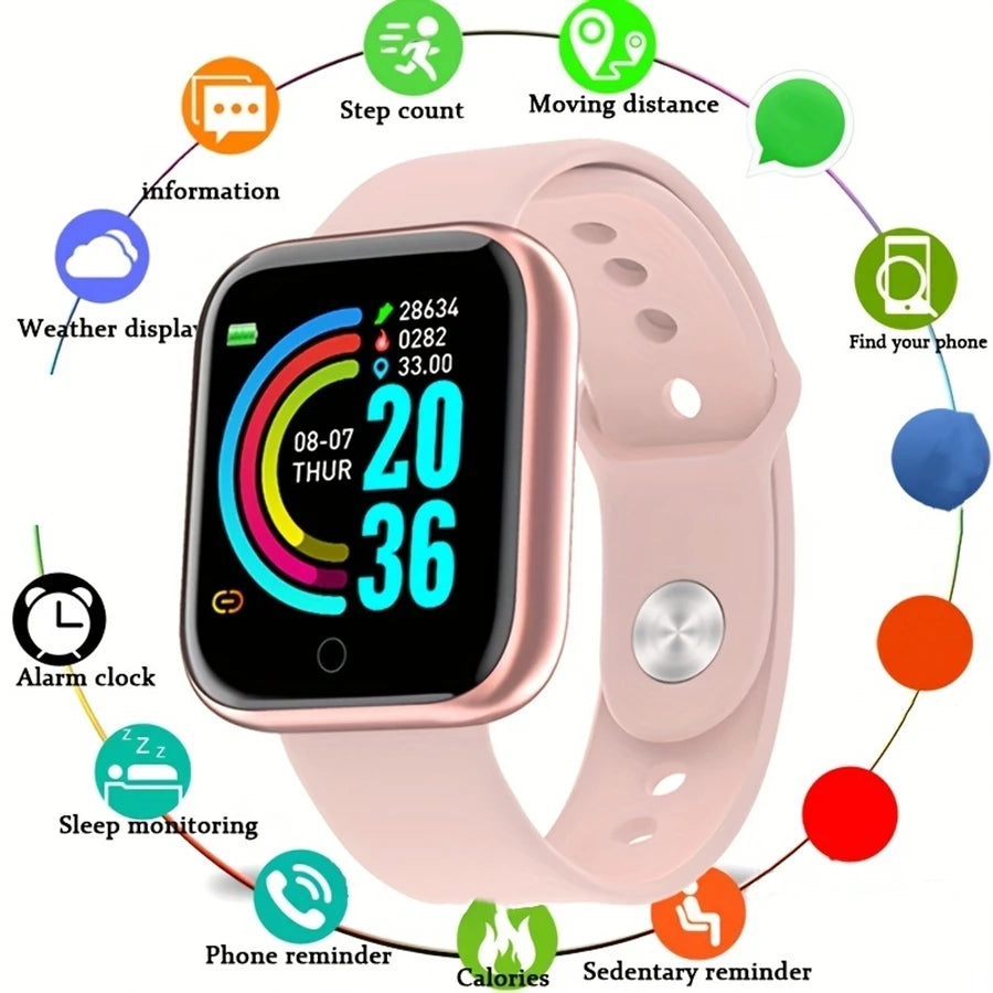 R.E.D. Shopping smartwatch displaying message notifications and fitness tracking on a sleek black wearable for Android and iOS.