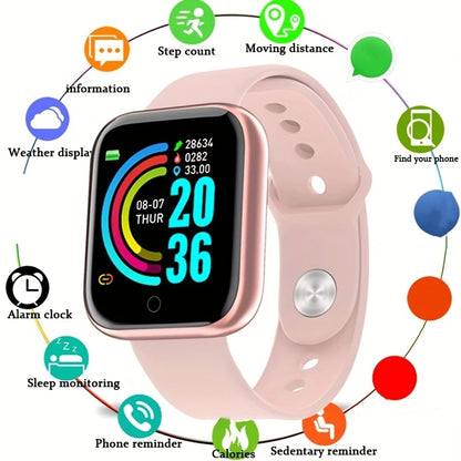 R.E.D. Shopping smartwatch displaying message notifications and fitness tracking on a sleek black wearable for Android and iOS.