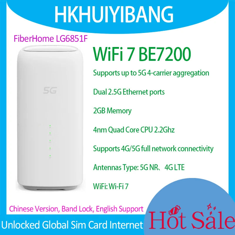 FiberHome LG6851F 5G CPE Pro WiFi 7 Router | BE7200 | Dual 2.5G LAN | 5G/4G LTE | NFC | SIM Card