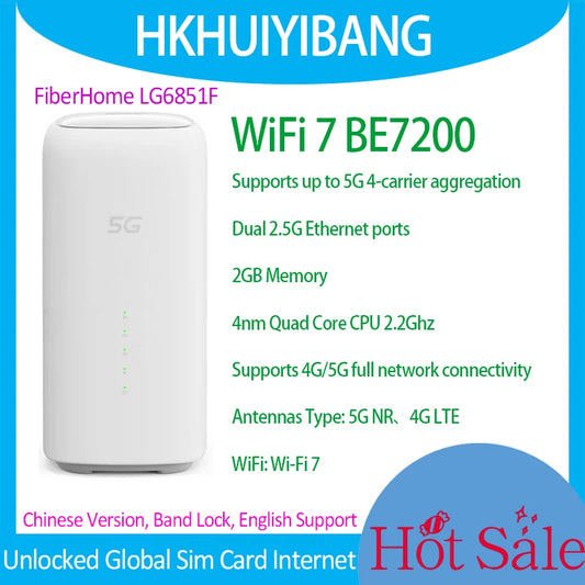 FiberHome LG6851F 5G CPE Pro WiFi 7 Router | BE7200 | Dual 2.5G LAN | 5G/4G LTE | NFC | SIM Card