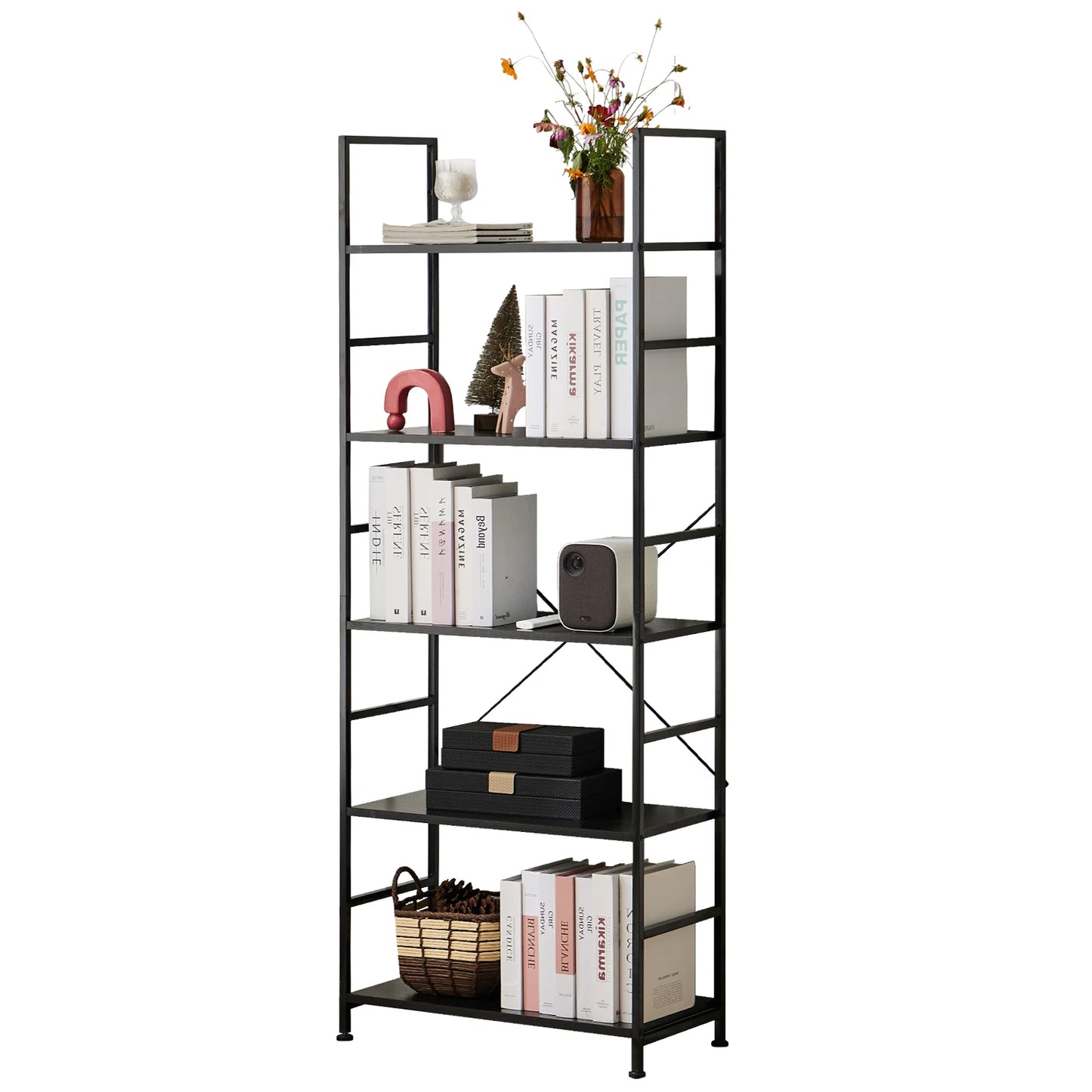 JHK 5-Tier Bookcase Bookshelf | Metal Frame Storage Organizer