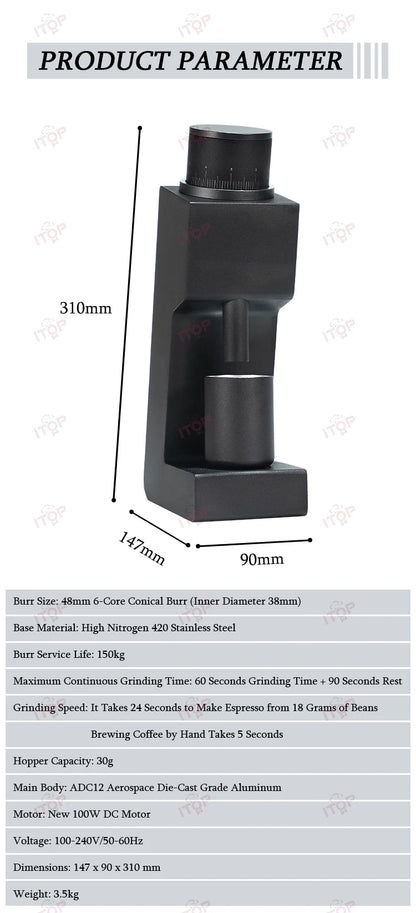 ITOP 03 Electric Coffee Grinder – 48mm Flat Burr, 7-Core, Espresso & Filter | 110V / 220V