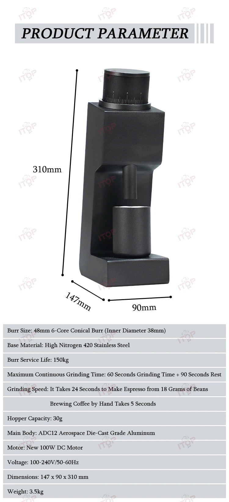 ITOP Electric Coffee Grinder | 64mm Flat Burr | 40 Settings | EU 220V