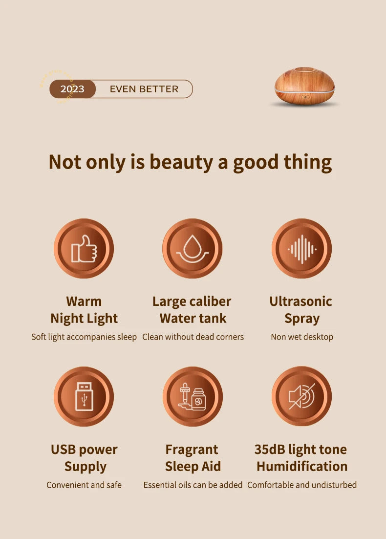 HLCOME Ultrasonic Aroma Diffuser – 200ml Wood Grain, 7 Color LED, Remote Control, Essential Oil Humidifier for Home & Bedroom