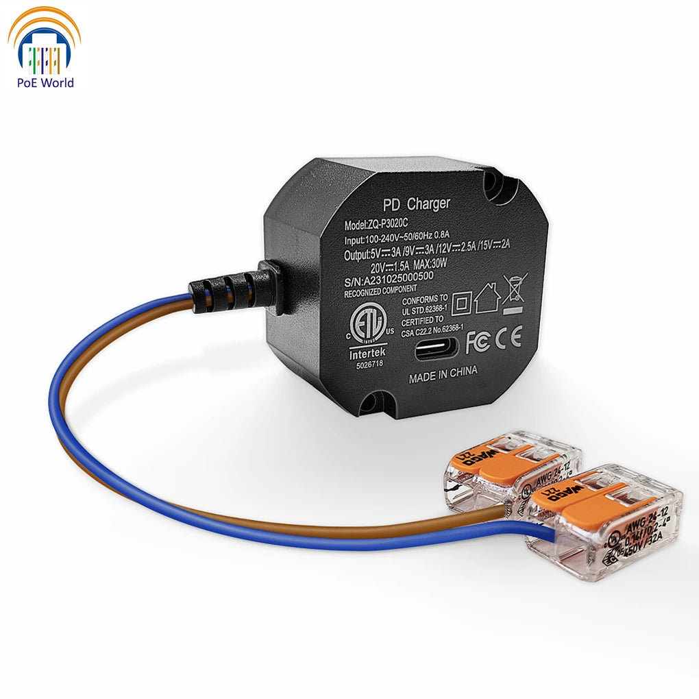 AC to USB-C Wall Charger 30W – Flush Wall-Mount Power Supply for iPad & USB-C Tablets