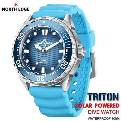 NORTH EDGE TRITON Solar Dive Watch – Men's Luxury Quartz, 316L Steel, 300M Waterproof, 2025