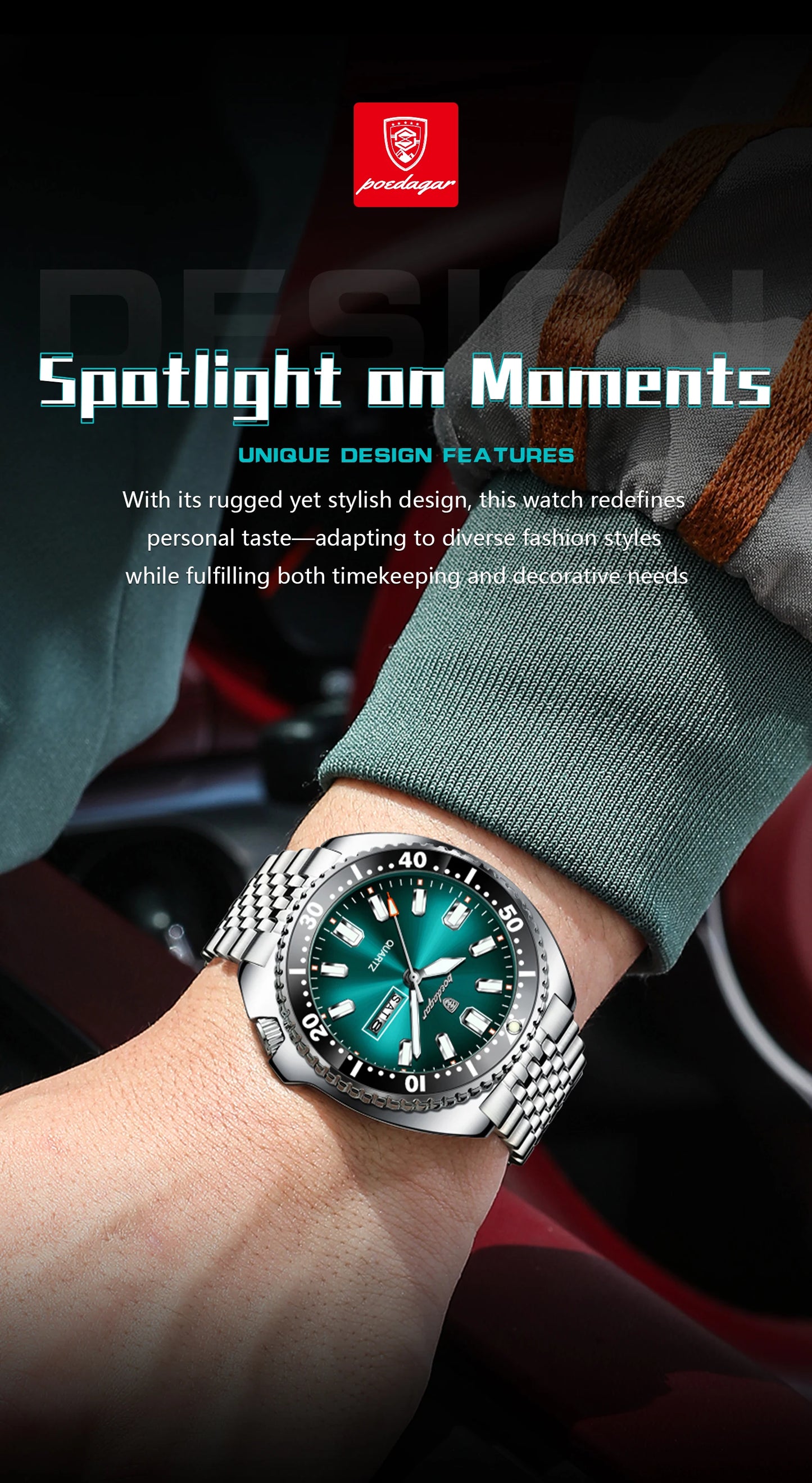 POEDAGAR Luxury Men's Quartz Watch – Date, Week, Luminous & Waterproof Stainless Steel