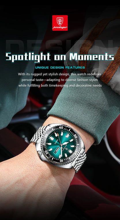 POEDAGAR Luxury Men's Quartz Watch – Date, Week, Luminous & Waterproof Stainless Steel