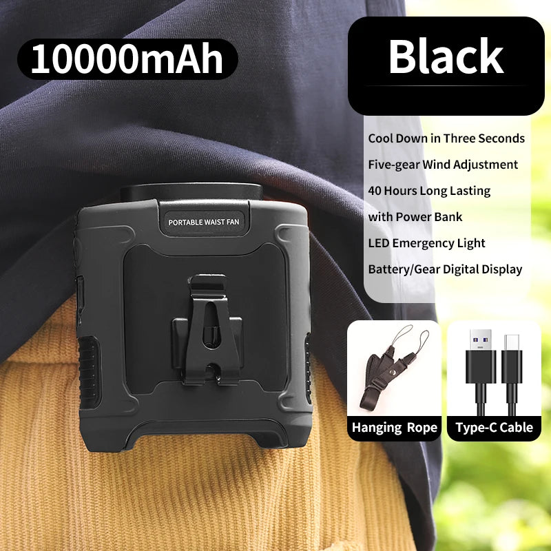 Portable Waist & Neck Fan 10000/20000mAh – 5-Speed with LED Light