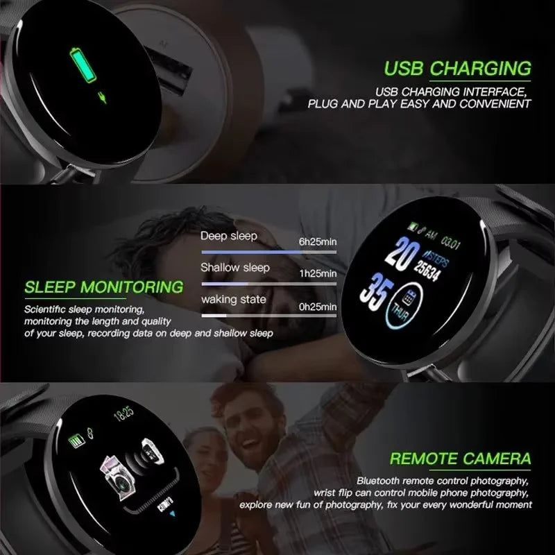 R.E.D. D18 Smartwatch with circular color screen, multi-sport modes, call and music control, wearable electronics.