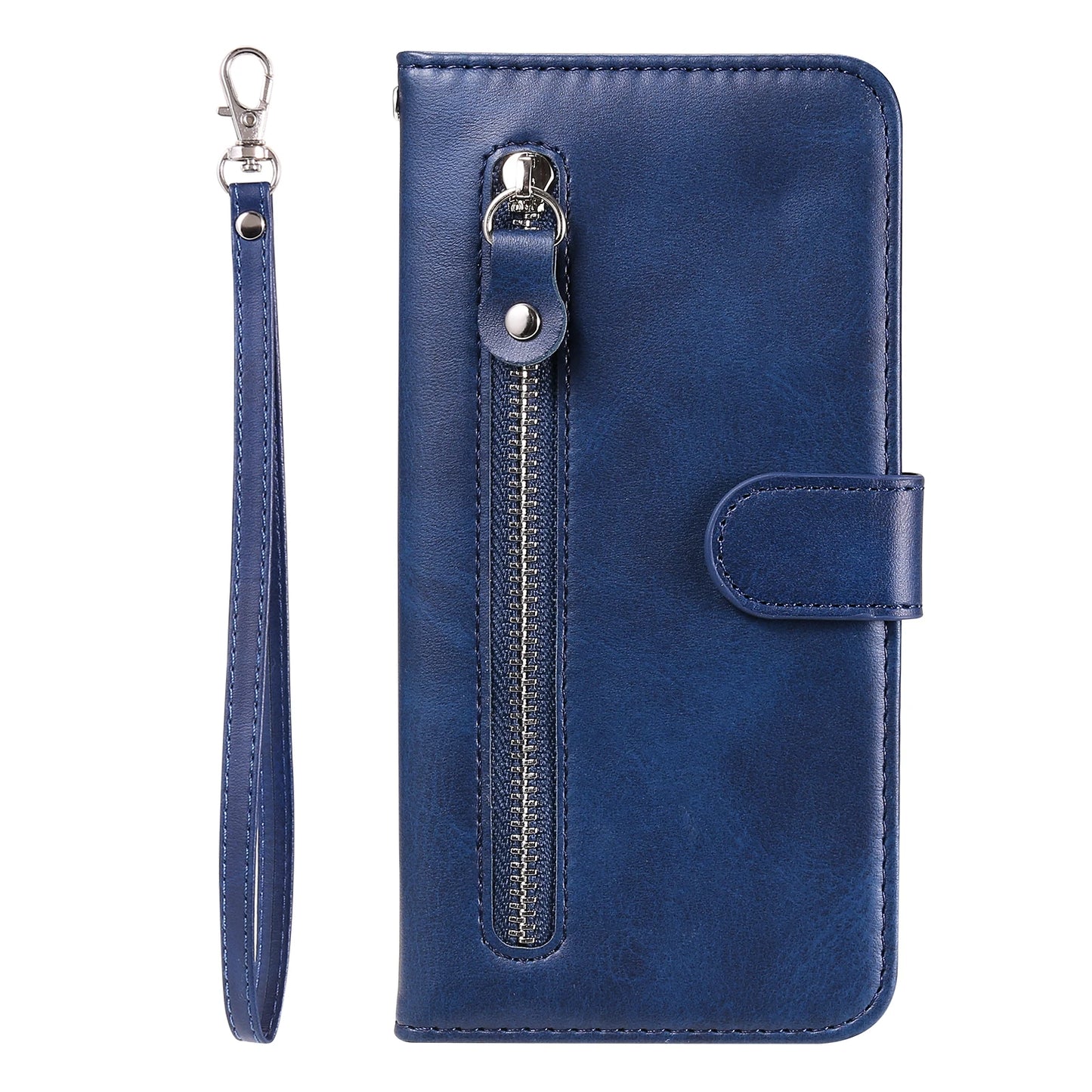 Leather iPhone 16 Plus zipper wallet case with card slots and magnetic stand, offering protection and convenient storage.