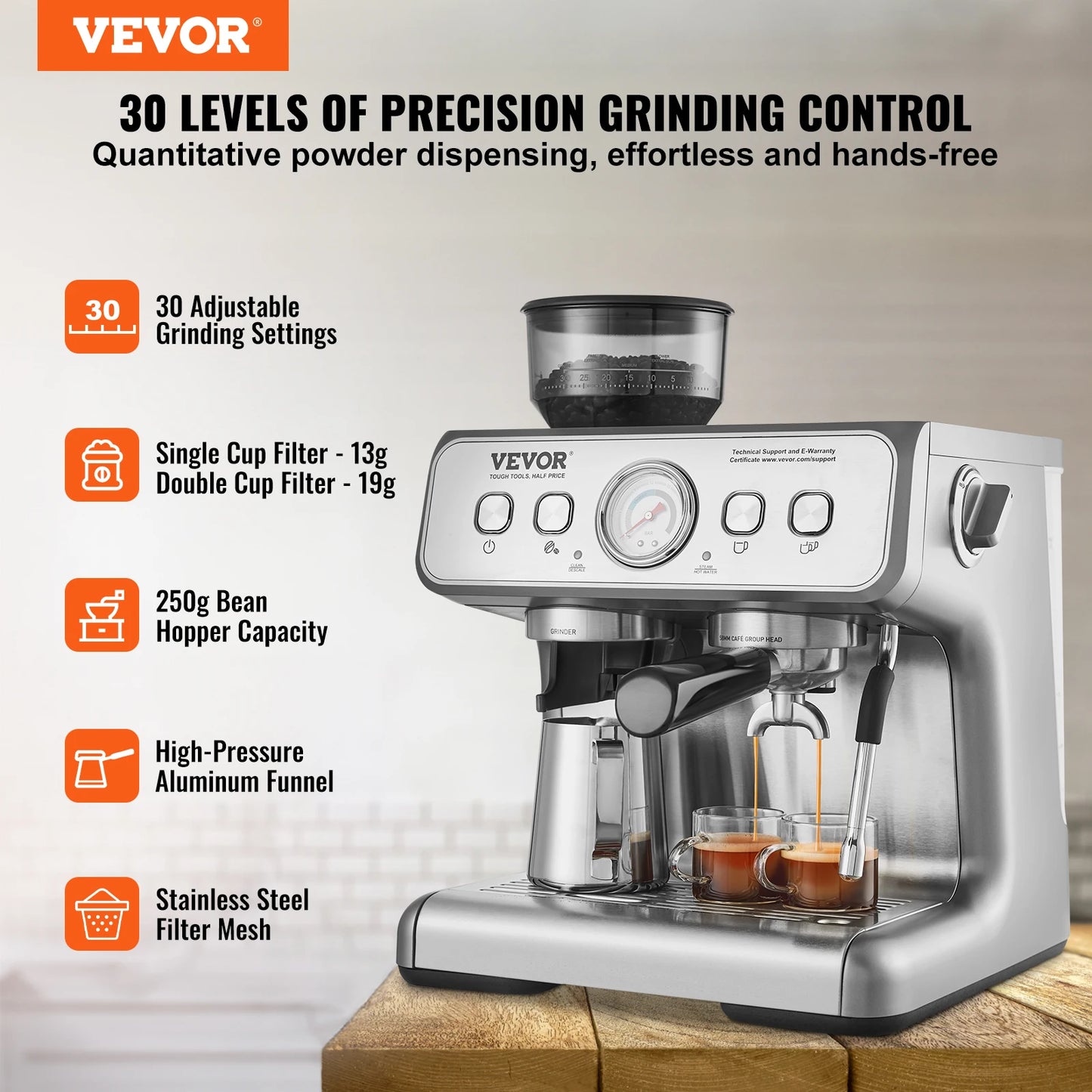 SucceBuy 15 Bar Semi-Automatic Espresso Machine with Grinder & Steam Wand