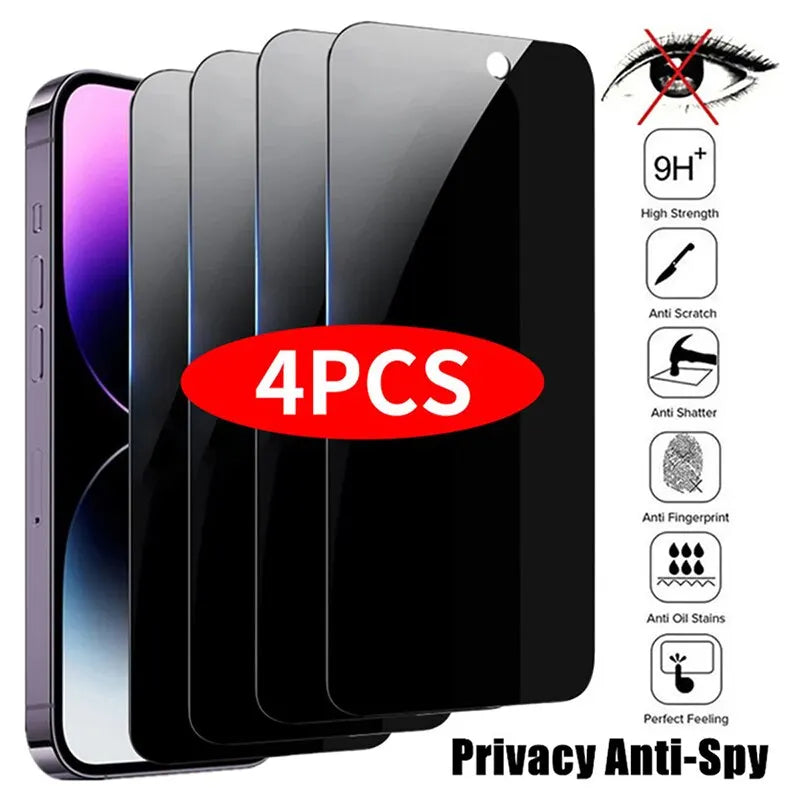 Set of four R.E.D. Shopping privacy screen protectors for iPhone, anti-spy tempered glass for enhanced mobile privacy.