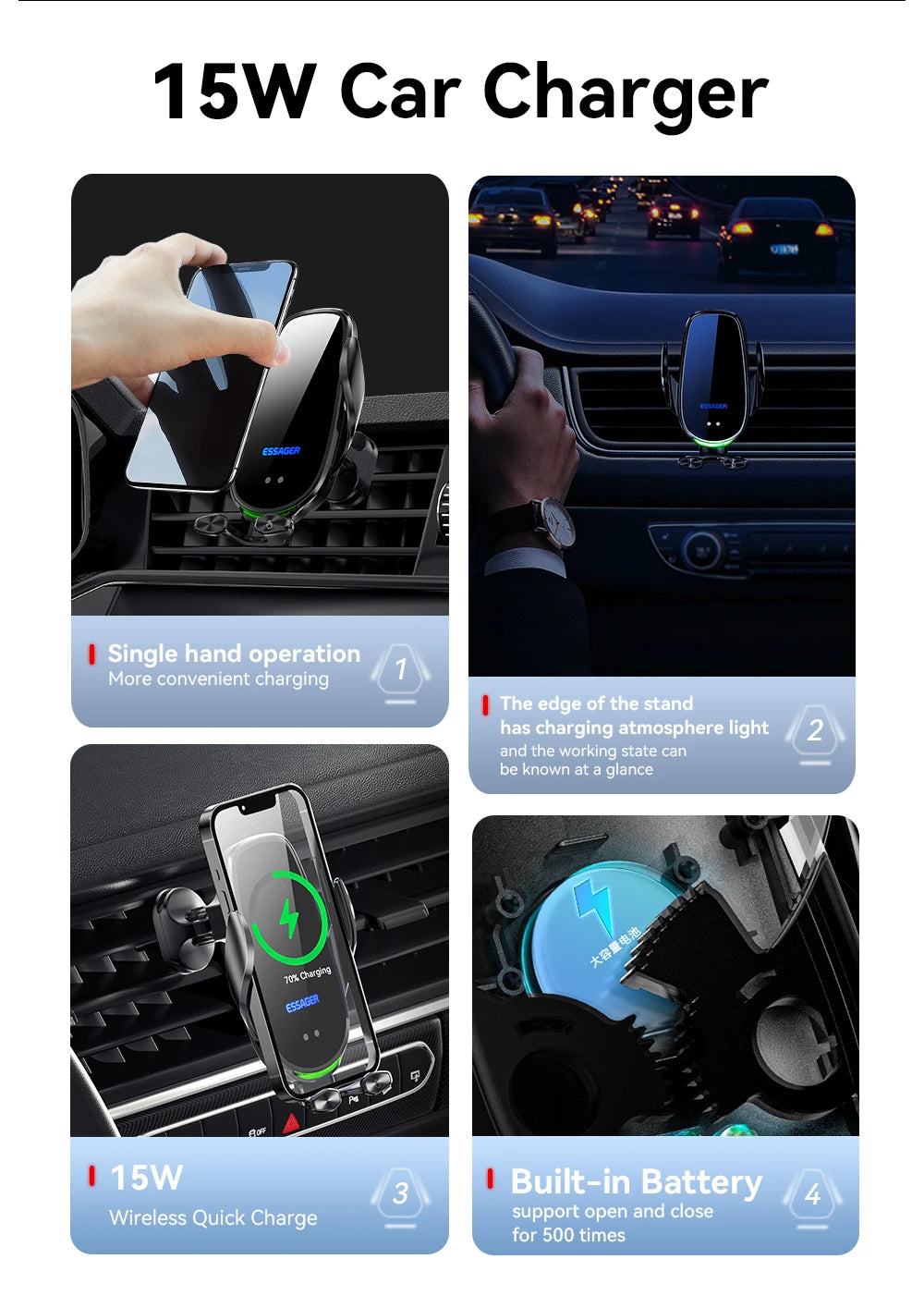 Essager 15W Wireless Car Charger Air Vent Mount – Fast Charging for iPhone, Xiaomi & Huawei