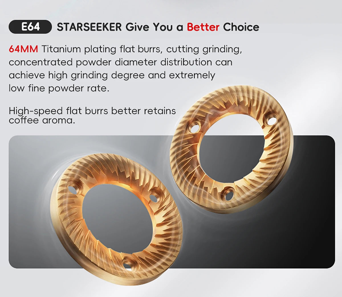 STARSEEKER E64 Electric Coffee Grinder | 64mm Titanium Flat Burr | Stepless | Black / Silver / White