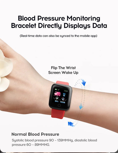 R.E.D. Shopping 116Plus smart watch with full touch screen, waterproof IP67 fitness tracker, black band, showing digital display