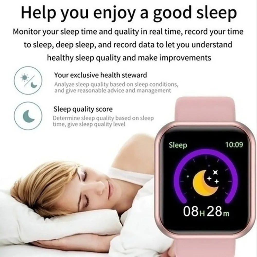 R.E.D. Shopping Y68/D20 smartwatch displaying digital time, fitness tracker features, and music control on sleek black screen.