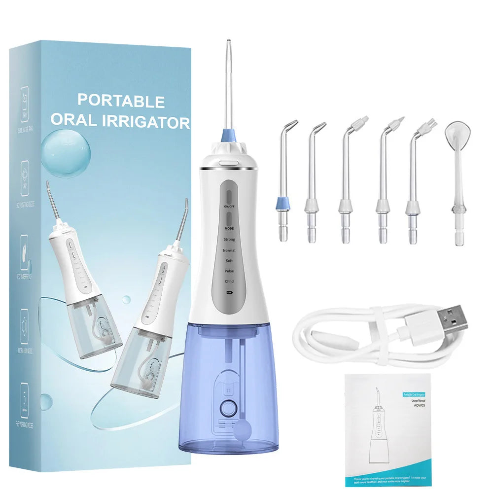 Oral Irrigator Water Dental Flosser – 350ml, 5 Modes, IPX7, 6 Nozzles, Rechargeable