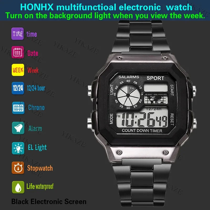 YIKAZE Men's Military LED Sport Watch - Luxury Stainless Steel Strap, Waterproof Digital Wristwatch