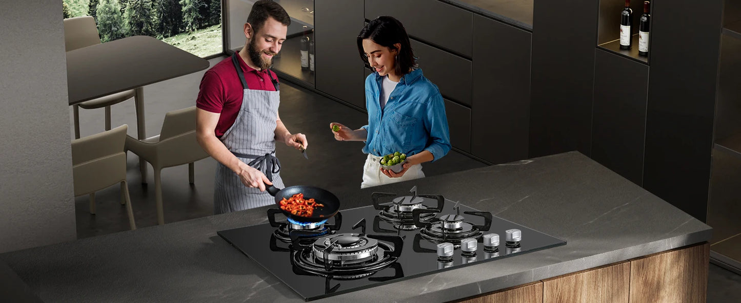 TopStrong 60cm 4-Burner Built-In Gas Hob – Black Tempered Glass, 8060W Dual Fuel