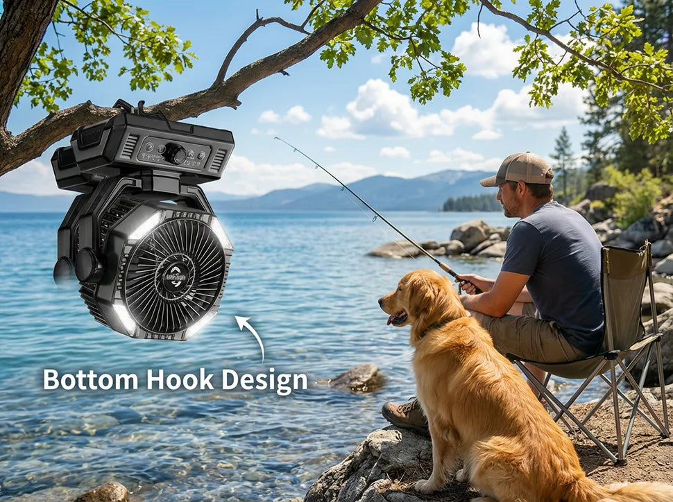 coldSky Portable Camping Fan | Rechargeable, 3 Speeds, LED Light, Hanging Hook