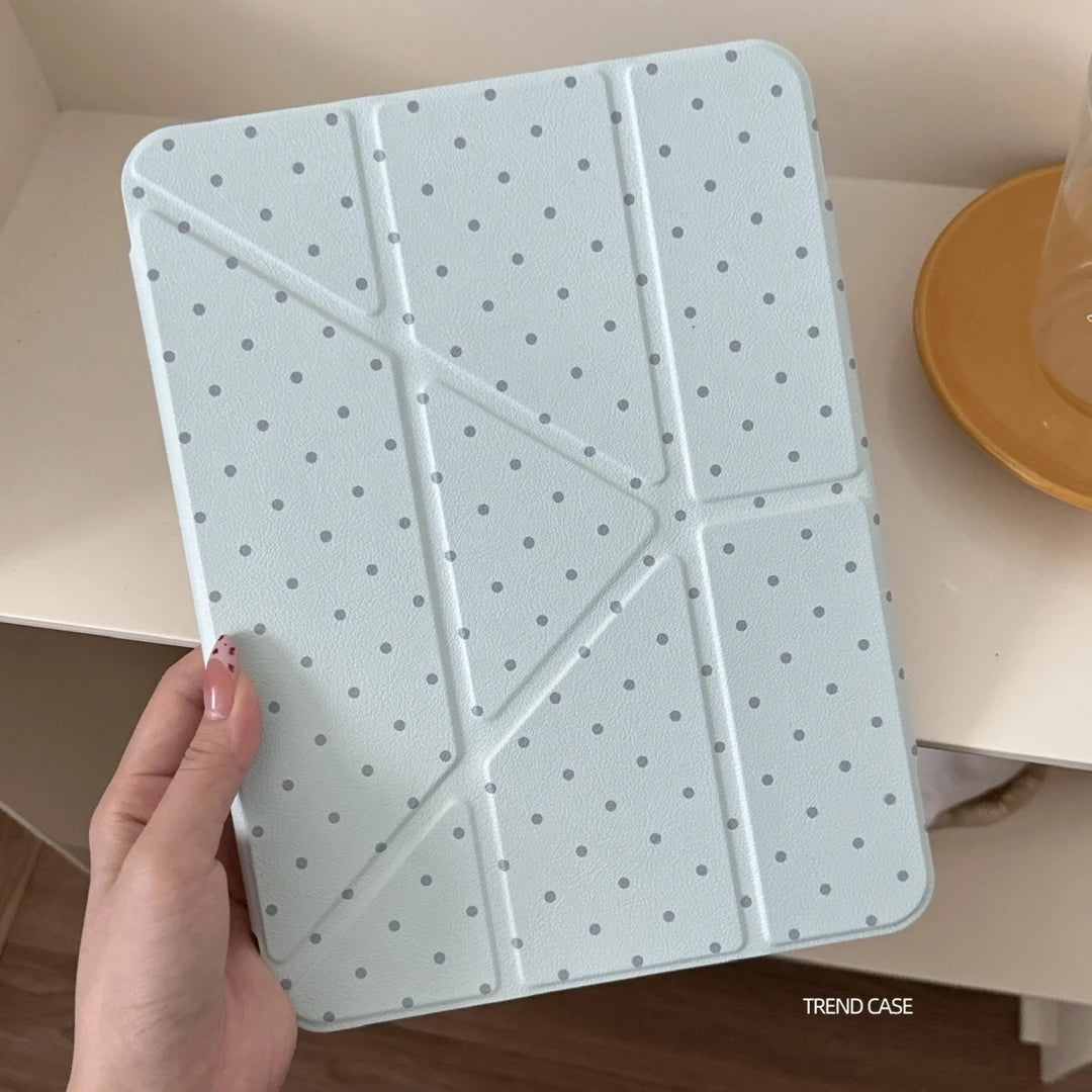 Polka dots iPad case with pencil holder for iPad Air, Pro, 9th-11th Gen, featuring a stylish fabric cover by R.E.D. Shopping.