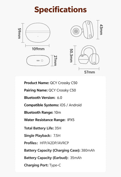 QCY Crossky C50 Open-Ear Clip-On Wireless Earbuds – Bluetooth 6.0, 4 AI Mics, Bass Boost, 60Hrs