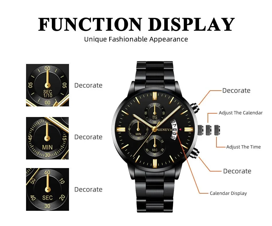 Men’s luxury stainless steel quartz wristwatch with calendar feature, stylish business accessory by R.E.D. Shopping.