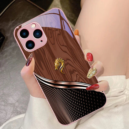 Wood grain dragon rose tempered glass iPhone case by R.E.D. Shopping, featuring artistic design and protective cover for smartphones.
