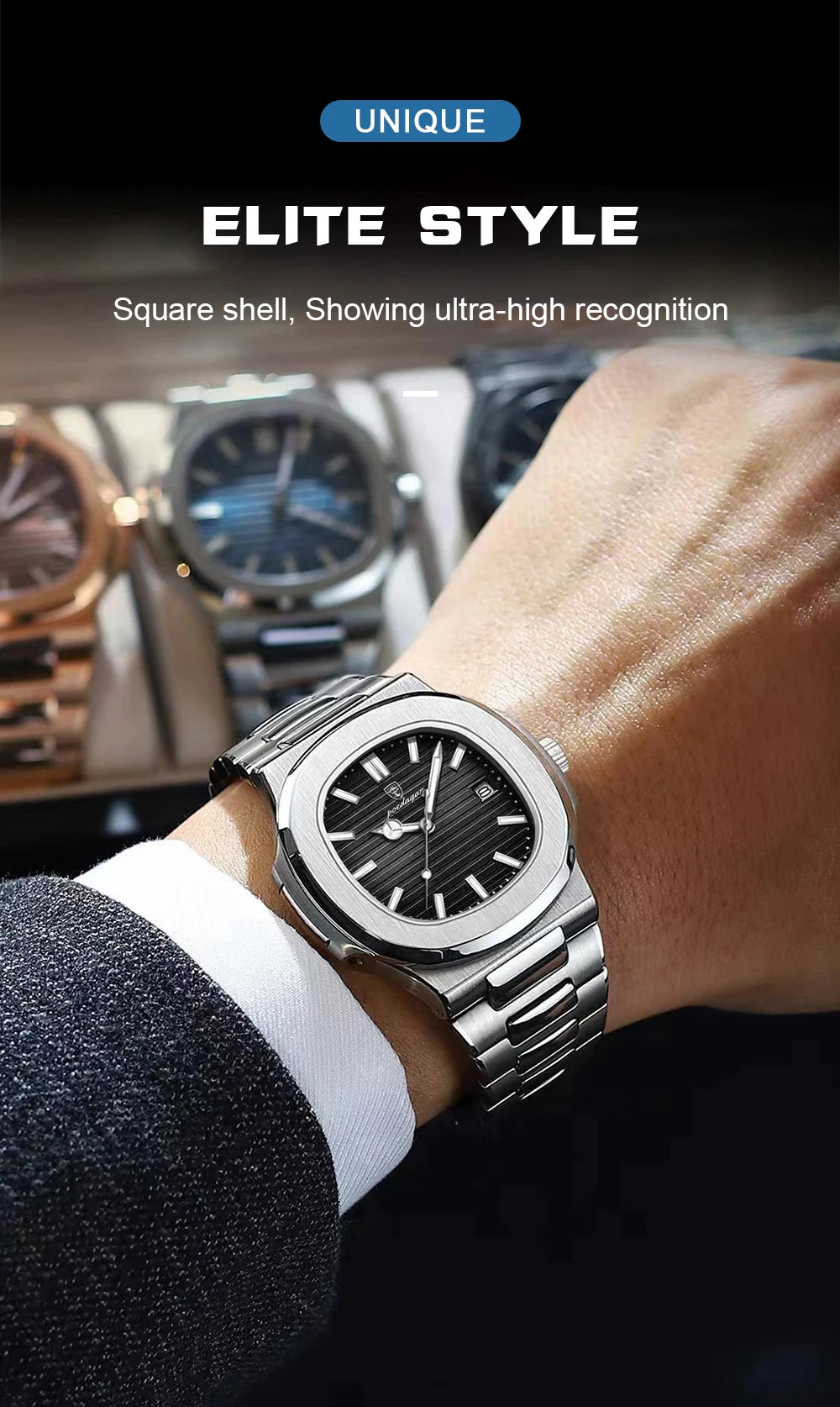 POEDAGAR Men's Luxury Sport Watch – Square Dial, Waterproof, Luminous, Date, Quartz