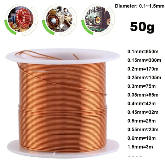 Enameled Copper Magnet Winding Wire 0.1–1.5mm – 50g Roll (1–3 Rolls)