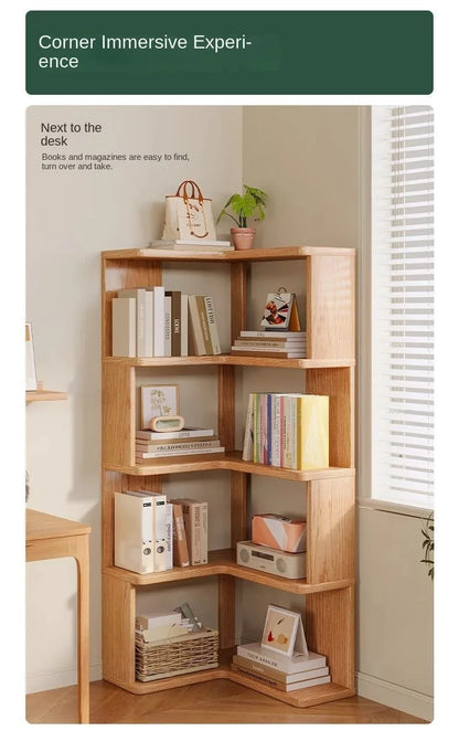 Solid wood corner bookshelf rack by R.E.D. Shopping, multi-layer storage unit for home living room, featuring simple design and natural wood finish.