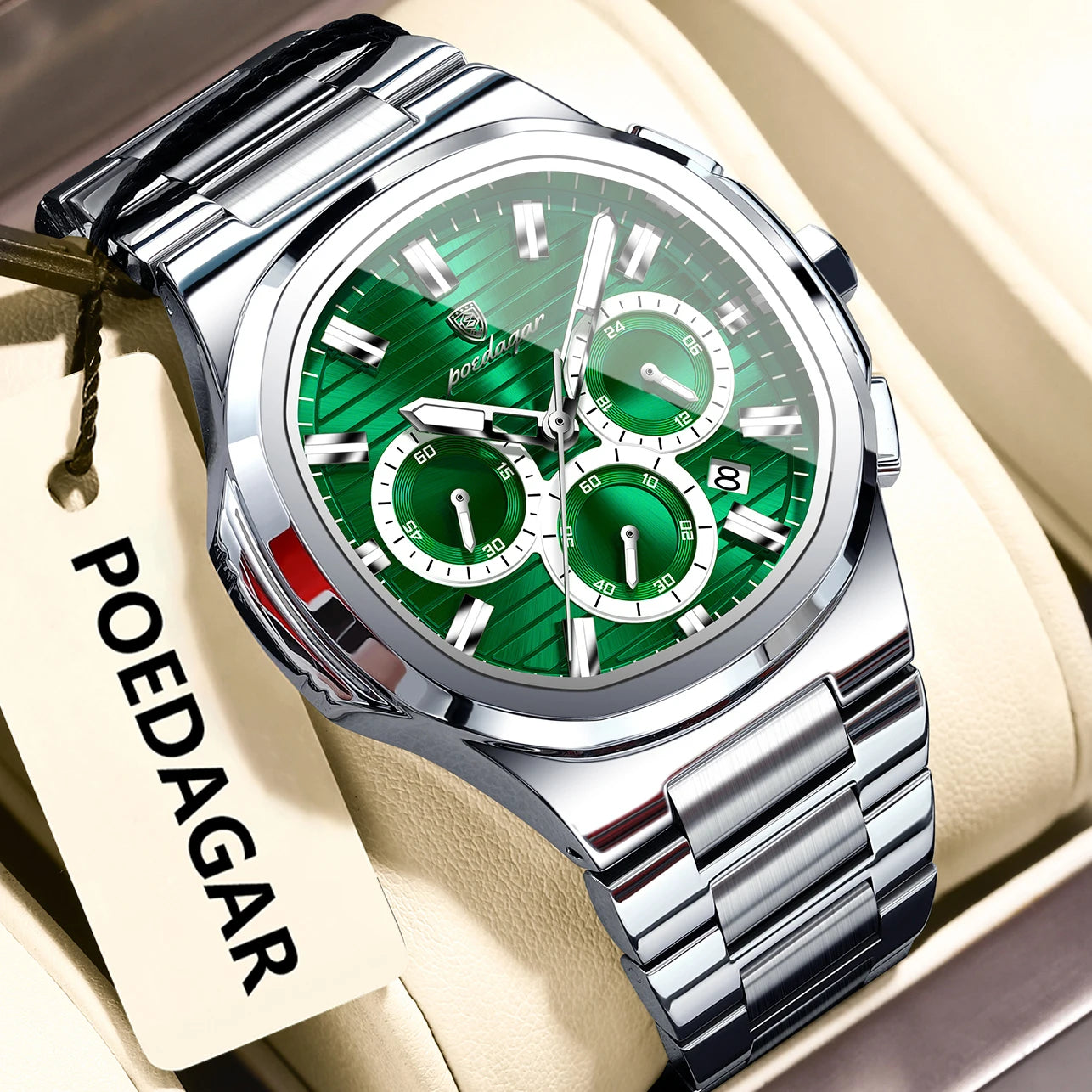 POEDAGAR Men's Luxury Chronograph Watch – Stainless Steel, Waterproof, Luminous, Date