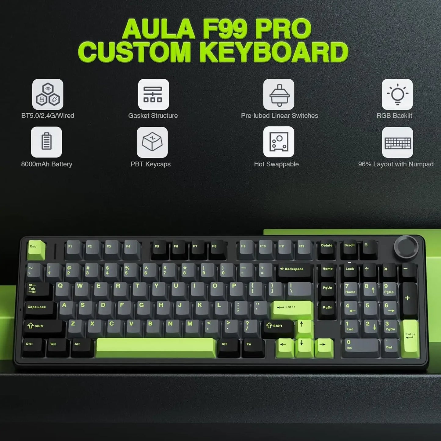 AULA F99 Pro 96% Gaming Keyboard – Tri-Mode BT5.0/2.4GHz/USB-C, Hot-Swap, 8000mAh, RGB