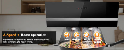 90cm Wall-Mounted Range Hood – A+++ Energy Class, 400m³/h, Touch Control, LED, Black Stainless Steel/Glass, 58dB