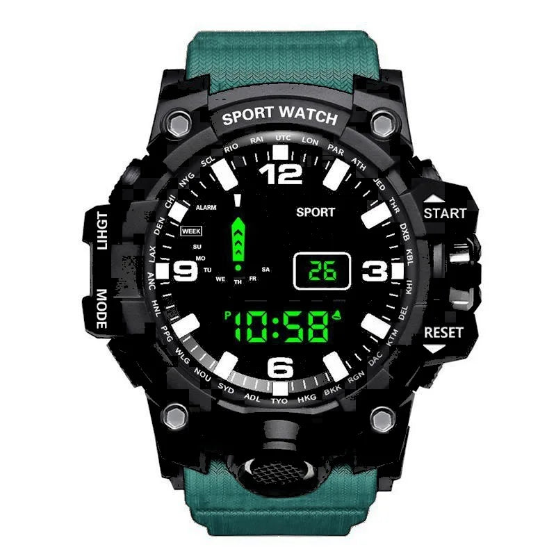Men's sports electronic wristwatch with large dial, waterproof design, luminous display, and alarm feature from R.E.D. Shopping.