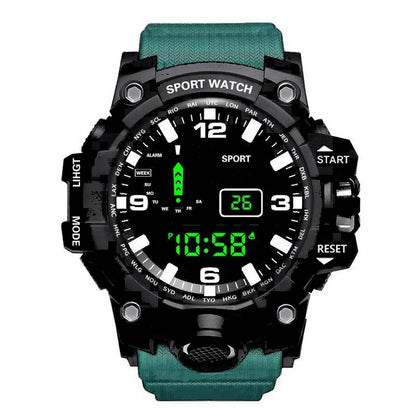 Men's sports electronic wristwatch with large dial, waterproof design, luminous display, and alarm feature from R.E.D. Shopping.