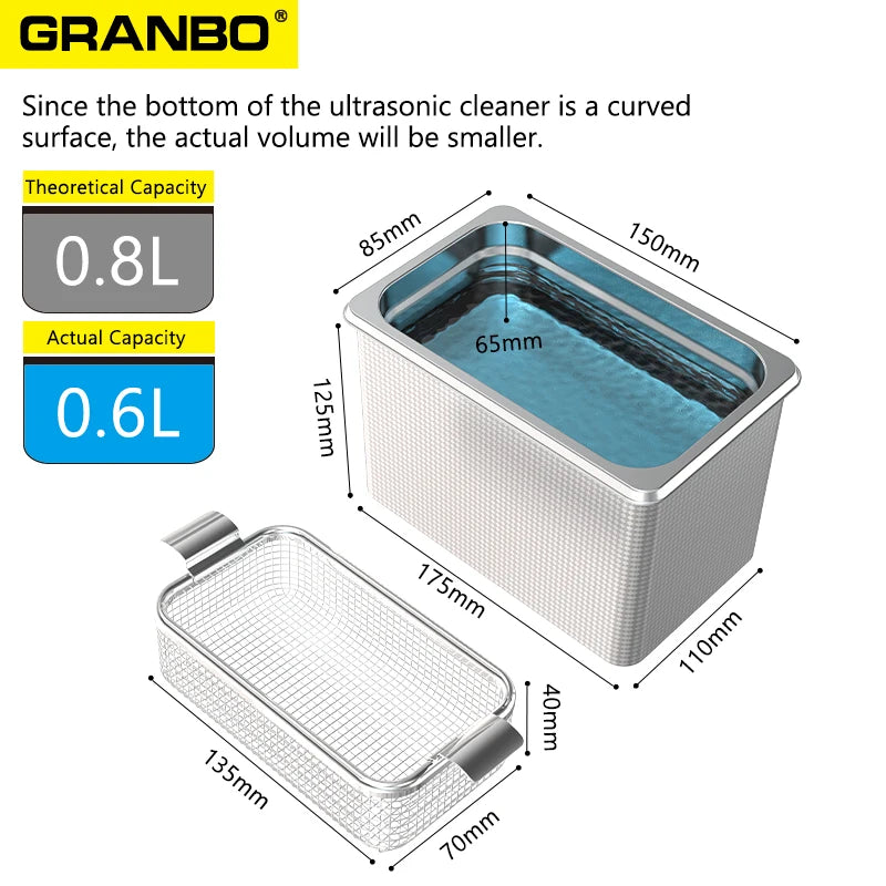 800ml Ultrasonic Cleaner 60W | EU Plug | Degas | 110V-220V | Watches & Jewelry