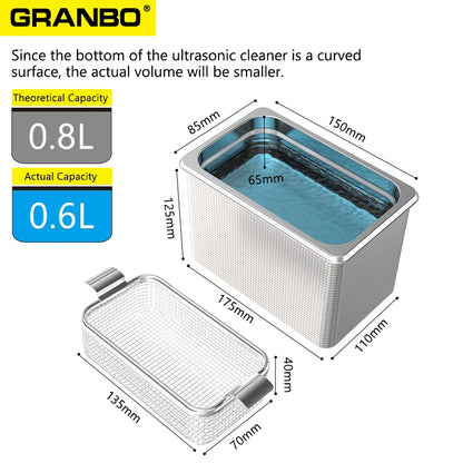 800ml Ultrasonic Cleaner 60W | EU Plug | Degas | 110V-220V | Watches & Jewelry