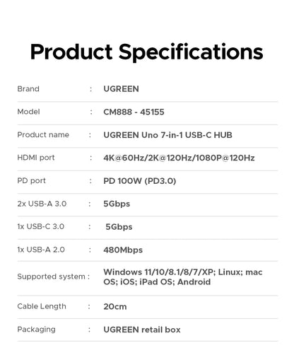 UGREEN Uno USB-C Hub – 4K60Hz HDMI, 1Gbps LAN, PD100W, USB 3.0