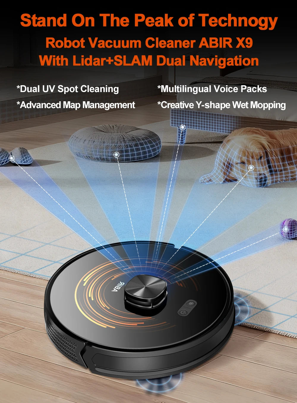 ABIR X9 Robot Vacuum Cleaner – Laser LiDAR, 6500PA Suction, UV Spot Cleaning, Multi-Floor Map, Auto Carpet Boost